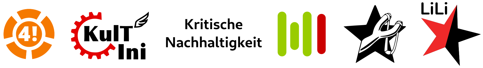 Logos of the student initiatives Freitagsrunde, KulT-Ini, Kritische Nachhaltigkeit, MInitiative, Zwille and Lili